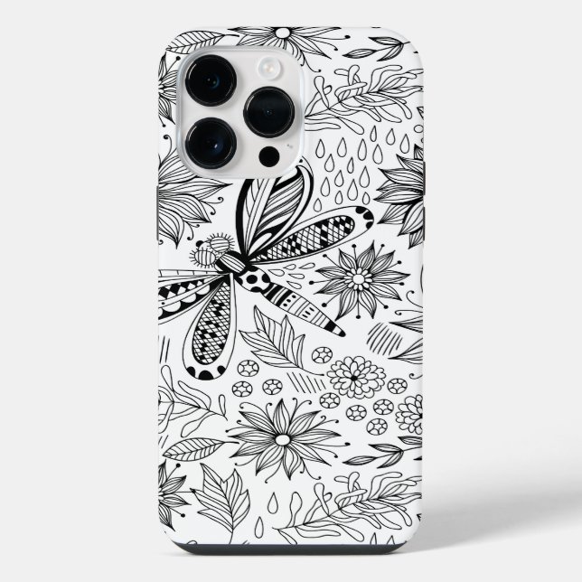 Coque iPhone Libellule et fleurs doodle (Verso)