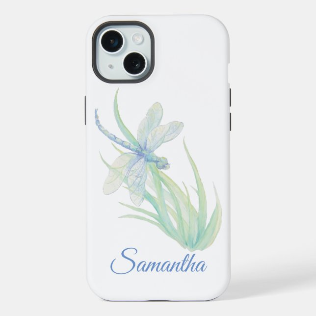 Coque iPhone Libellule originale aquarelle en bleu et vert (Verso)