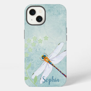 Etui iPhone 13 Libellule vintage sur fond floral délavé