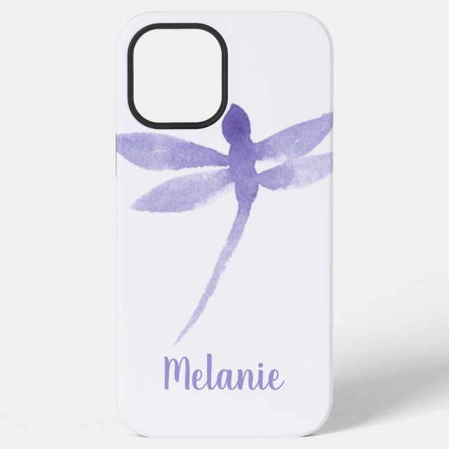Coque iPhone Libellules Aquarelle Monogramme Violet Nom (Verso)