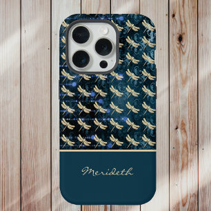 Coque iPhone 15 Pro Libellules dorées sur fond bleu-vert vintage