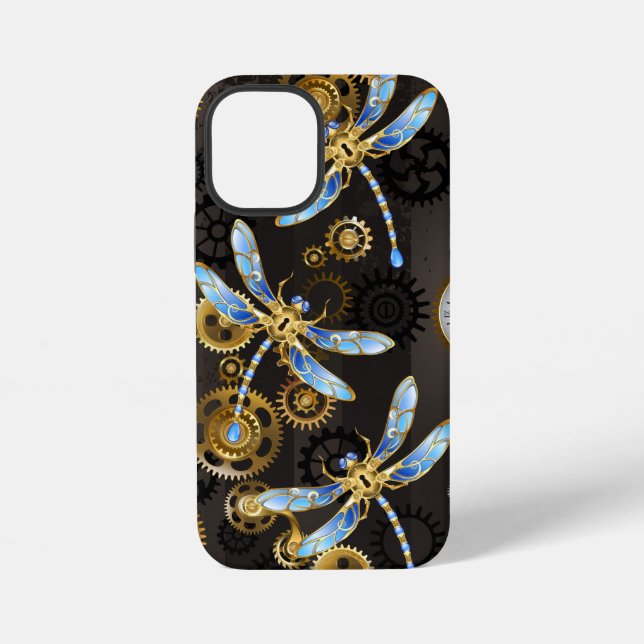 Coque iPhone Libellules Steampunk sur fond rayé marron (Verso)