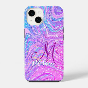 Coque Pour iPhone 14 Licorne arc-en-ciel pailletée art girly marbre