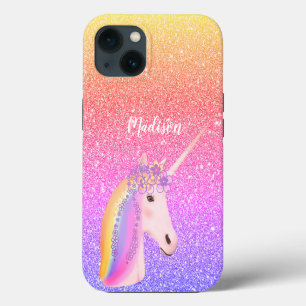 Etui iPhone 13 Licorne Arc-en-Ciel Personnalisée Paillettes Roses