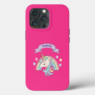 Etui iPhone 13 Pro Licorne et arc-en-ciel scintillant avec nom person