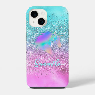 Coque Pour iPhone 14 Licorne rose Aqua chic paillettes glamour monogram