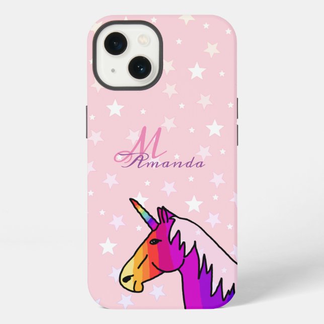 Coque iPhone Licorne Rose Étoiles Fillette Monogramme Nom  (Verso)