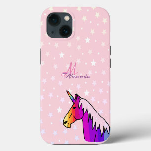 Etui iPhone 13 Licorne Rose Étoiles Fillette Monogramme Nom