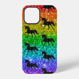 Coque iPhone 12 Licorne Silhouette Arc-en-ciel Paillettes Fierté L
