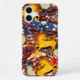 COQUE iPhone 16 PLUS LICORNES DORÉES ,EFFETS MARBRÉS ROUGE BLEU ,CERCLE