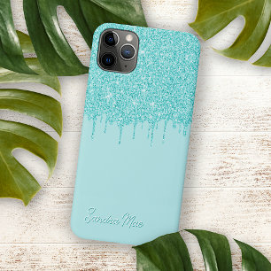 Coque iPhone 12 Light Aqua Turquoise Green Parties scintillant Mot