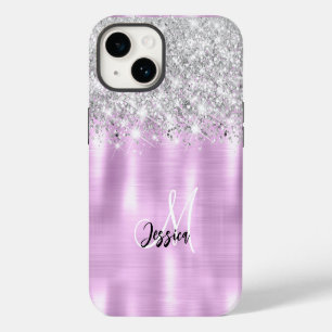 Coque Pour iPhone 14 Lilas Monogramme Pailleté Métal Brossé Argent