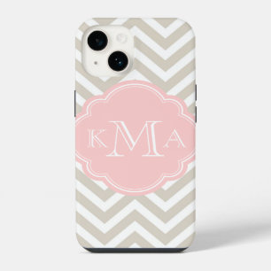 Coque Pour iPhone 14 Lin beige et chevron rose Monogramme personnalisé