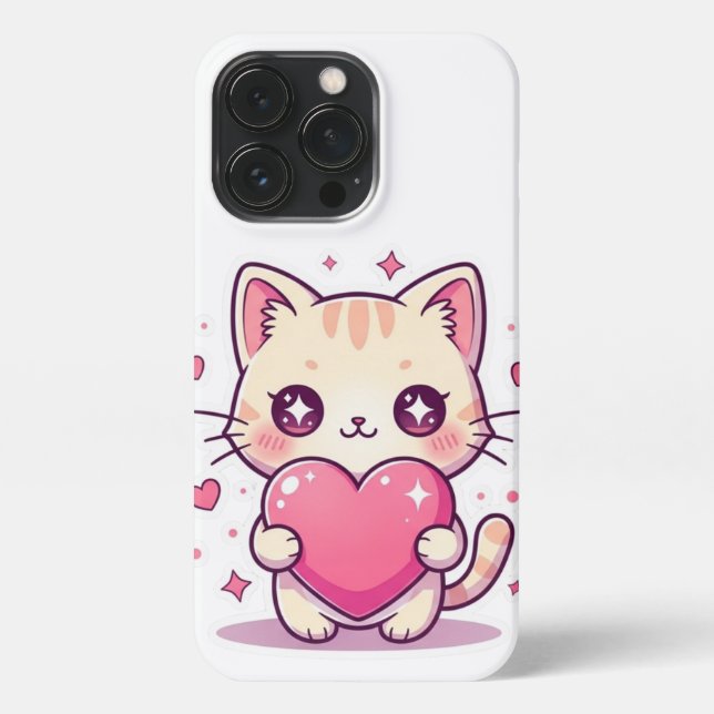 Coque iPhone Lindo Gatito Kawaii con Corazón Rosa - Funda iPhon (Verso)