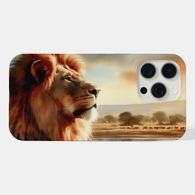 Coque iPhone Lion aquarelle dans la savane   (Verso Horizontal)