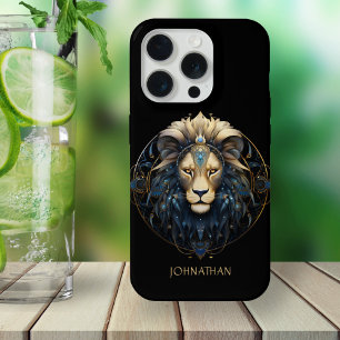 Coque iPhone 15 Pro Lion d'or noir moderne Zodiac Sun Nom du panneau L