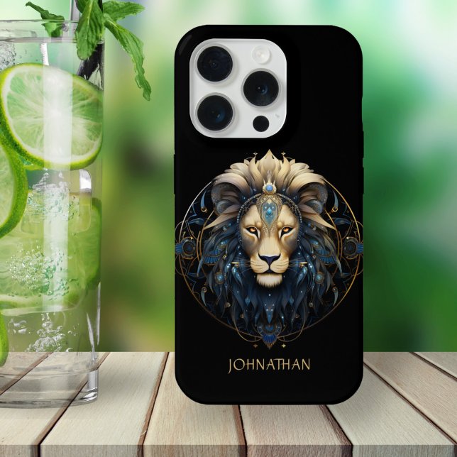 Coque iPhone Lion d'or noir moderne Zodiac Sun Nom du panneau L (Créateur téléchargé)