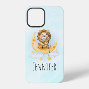 Coque iPhone 12 Lion mignon pêchant sur la lune en aquarelle
