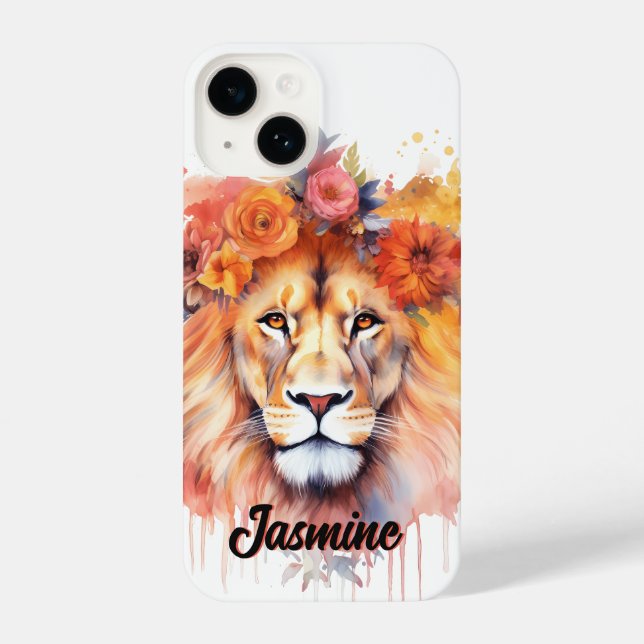 Coque iPhone Lion Pastel Fleurs Safari Aquarelle Savannah Chat (Verso)