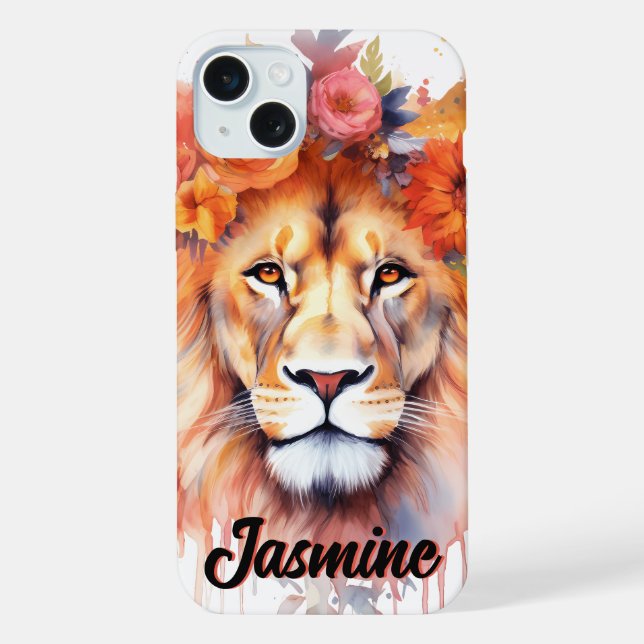 Coque iPhone Lion Pastel Fleurs Safari Aquarelle Savannah Chat (Verso)