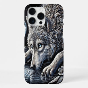 Coque iPhone 16 Pro Max Loup Blanc Majestueux Regardant son Reflet au Clai