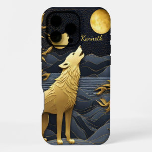 Coque iPhone 16 Pro Max Loup doré hurlant sous la pleine lune la nuit