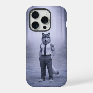 Coque iPhone 15 Pro Loup en tenue formelle minimale – Port de la forêt
