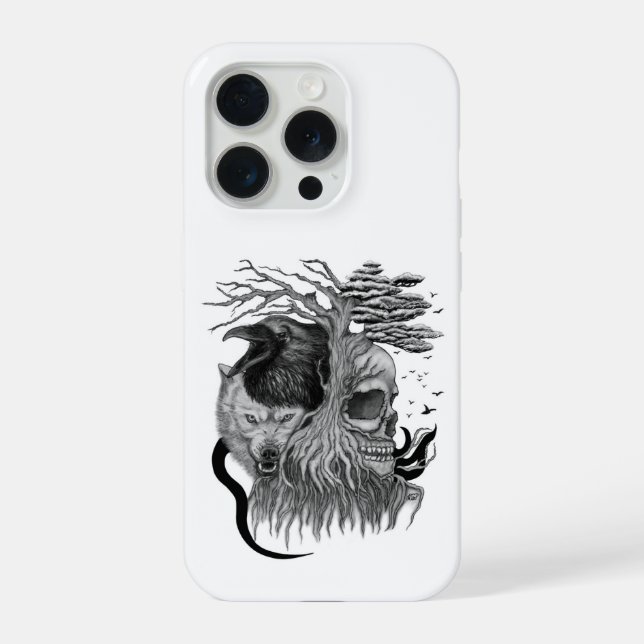 Coque iPhone Loup et corbeau avec crâne (Verso)