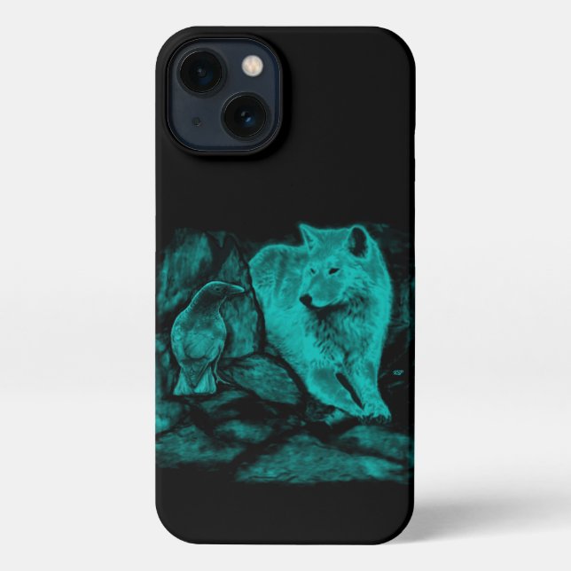Coque iPhone Loup et corbeau dans la nuit (Verso)
