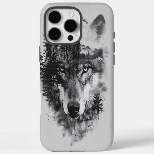 Coque iPhone 16 Pro Max Loup fusionne avec une scène de forêt éclairée par