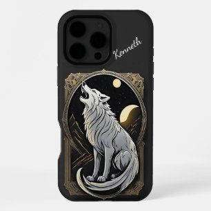 Coque iPhone 16 Pro Max Loup hurlant contre ciel nocturne avec des planète