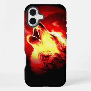 Coque iPhone 16 Plus Loup, Lune & Ciel Rouge