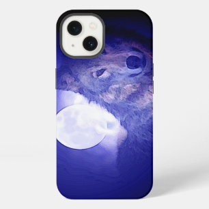 Etui iPhone 13 Loup, Lune & Nuit Bleue