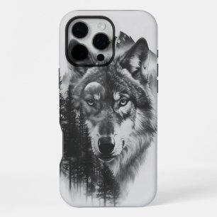 Coque iPhone 16 Pro Max Loup majestueux au milieu d'une forêt brumeuse au