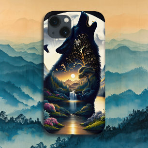 Etui iPhone 13 Loup mystique hurlant à la lune surréaliste
