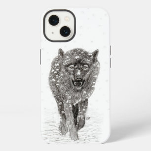 Etui iPhone 13 Loup noir en colère dans la neige, hiver sauvage