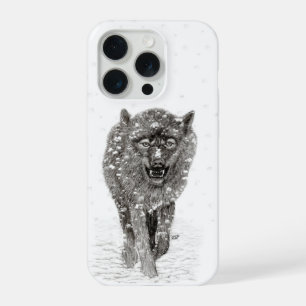 Coque iPhone 15 Pro Loup noir en colère dans la neige, hiver sauvage