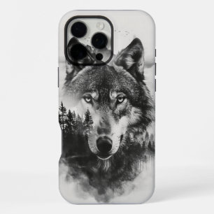 Coque iPhone 16 Pro Max Loup regardant à travers une forêt brumeuse