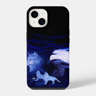 Coque Pour iPhone 14 Loups et Corbeau avec pleine lune