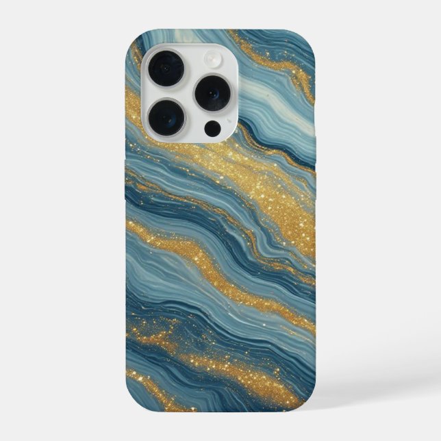 Coque iPhone Lueur de marbre royal océanique ✨ Abstrait bleu or (Verso)