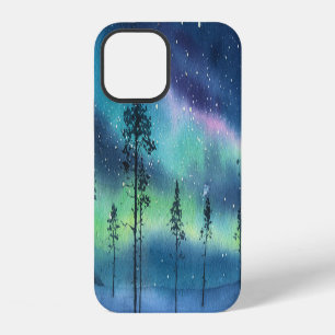 Coque iPhone 12 Lumières du nord, paysage à l'aquarelle