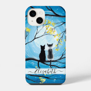 Coque Pour iPhone 14 Lune Fantaisiste avec Chats Ajouter un Nom