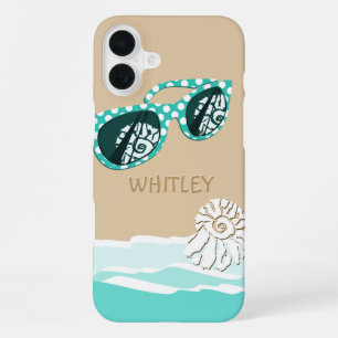 Coque iPhone 16 Plus Lunettes de soleil Adorables à pois Vert mer Nom P