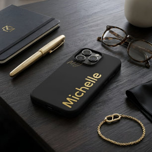 Coque iPhone 15 Pro Luxe Minimaliste Nom Personnalisé Or Noir