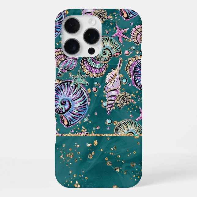Coque iPhone Luxe Turquoise sous-marin | Coquillages d'or Green (Verso)