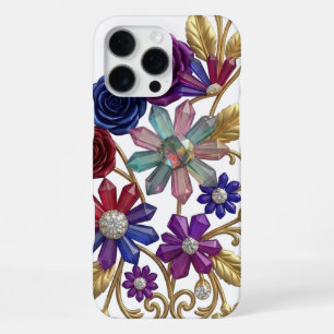 Coque iPhone 16 Pro Max Luxueux clip art floral 3D or - Cristal royal