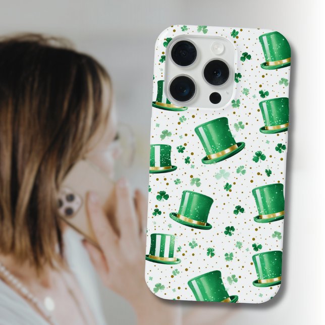 Coque iPhone Luxury Green Gold Hats and Shamrocks White (Créateur téléchargé)