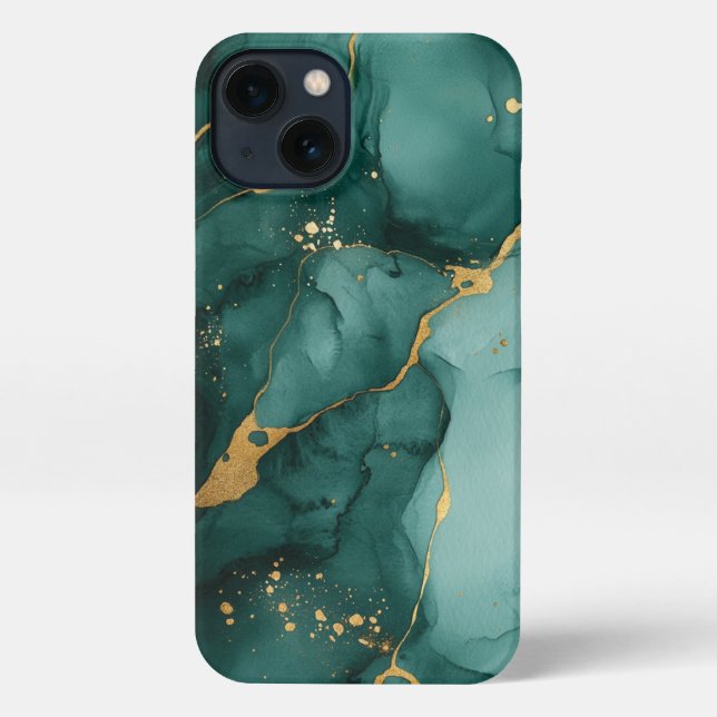 Coque iPhone Magnifique étui d'encre d'alcool vert et or (Verso)