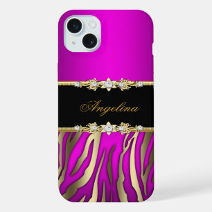 Coque iPhone 15 Plus Magnifique Magenta Rose Zèbre Noir Or