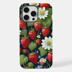 Coque iPhone 15 Pro Max Magnifique motif de fraise et de fleur naturel.